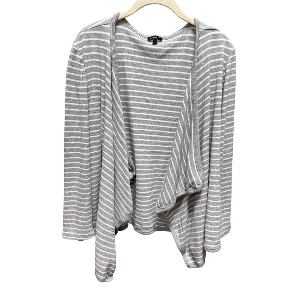 Talbots Cardigan Women Large Grey Striped Open Front Draped Waterfall‎ Cotton L